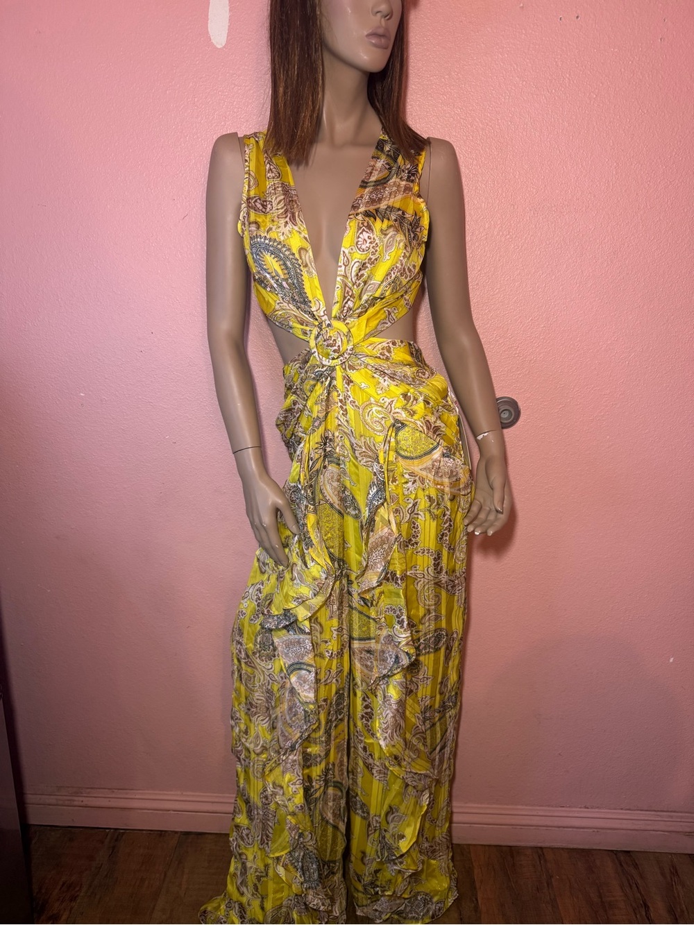 Rosevelvet Boho Yellow Paisley Open Back Plunge Jumpsuit M - Picture 3 of 17